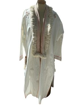 Love Binetti AS NEW cream white pink thick fringe trim kimono kaftan jacket S